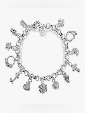 Sterling Silver Stamped 925 Charm Bracelet - Silver Heart & Cross Charms